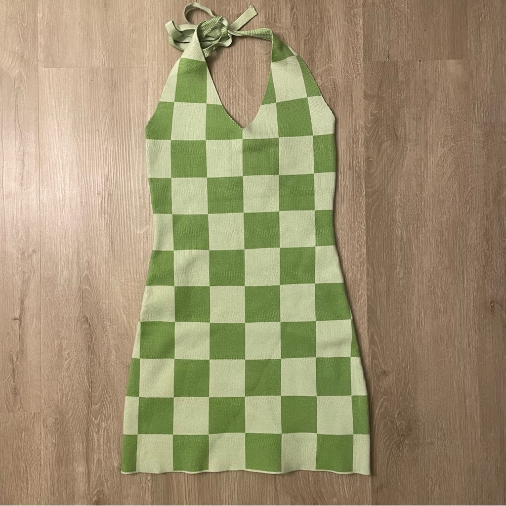 Green Checkered Knit Halter Dress